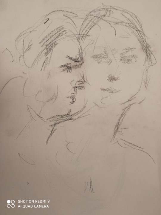 The portrait sketch of the talking students in the train /Metro in Milan-The very quick impression and expression